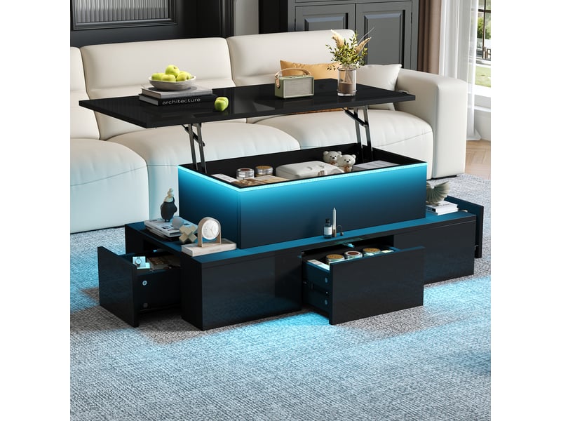  Table basse salon relevable 100x50x40 cm avec 4 tiroirs et led, table de salon avec espace de rangement caché, brillante noir, mdf  - Conforama R