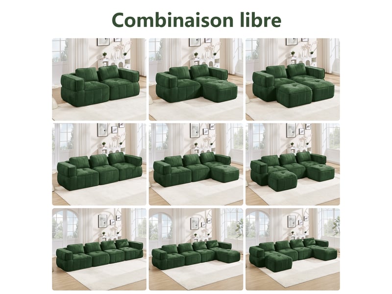  Canapé modulable 4 places d'angle avec pouf en polyester vert 344x162x67 cm, assise profonde, salon séjour W3325S00511 - Conforama R