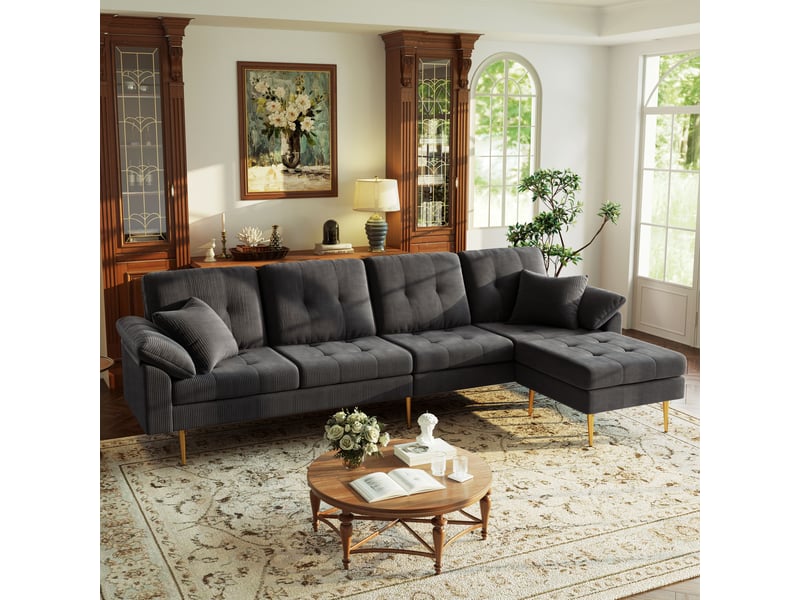  Canapé d'angle 4 places en tissu cordon avec pouf flexible, convertible en l, coussins épais moelleux, pieds en fer 20 cm, 250 cm, pour salon  - Conforama B