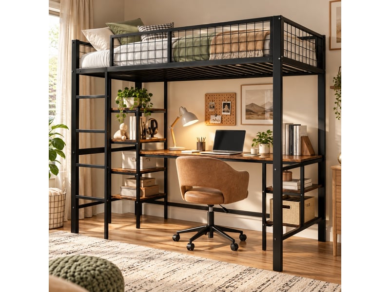  Lit mezzanine enfant 90 × 200 cm avec bureau, étagères, échelle 4 marches et garde-corps, métal et bois foncé, noir  - Conforama E