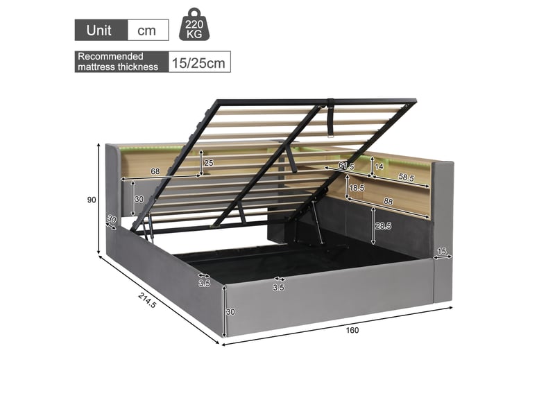  Lit coffre 140x190 cm en velours gris avec led, usb, type-c, rangement et sommier inclus, sans matelas  - Conforama C