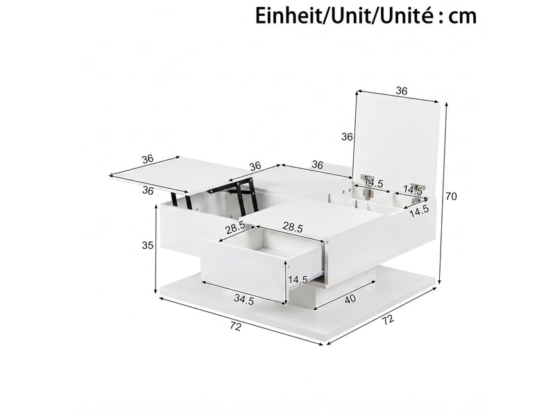  Table basse multifonctionnelle blanche – plateau relevable, rangements, led contrôlée par application – 72 x 72 cm  - Conforama D