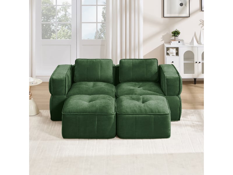  Canapé modulaire 2 places avec 2 poufs et assise profonde - lpospi - accoudoirs larges, polyester vert  - Conforama C