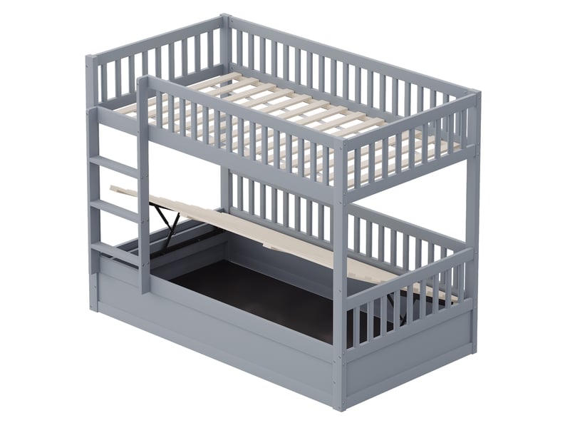 Lits superposés enfant 90x200cm avec lit coffre, garde-corps, échelle de montée, sommiers, bois gris, sans matelas - Conforama E