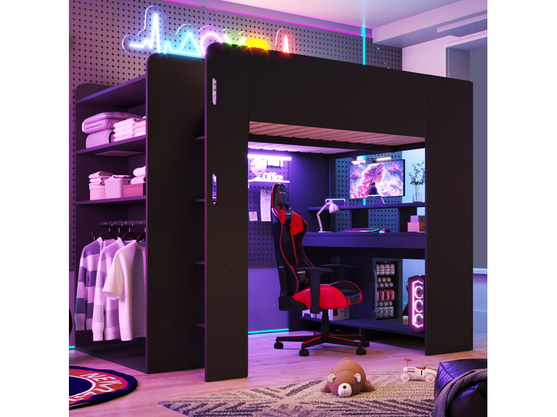  Lit mezzanine 140 × 200 cm 2 places avec bureau, armoire ouverte, rangements, led et usb, sans matelas, noir  - Conforama C