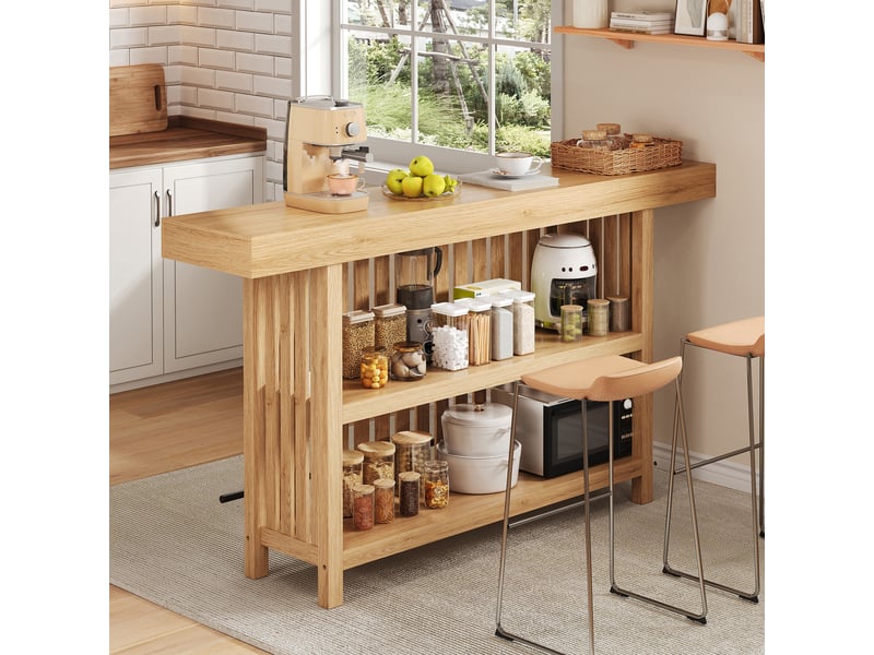  Table de bar haute 160 x 40 x 105 cm, 2 étagères et repose-pieds, mdf, effet bois naturel Sol Morn - Conforama D