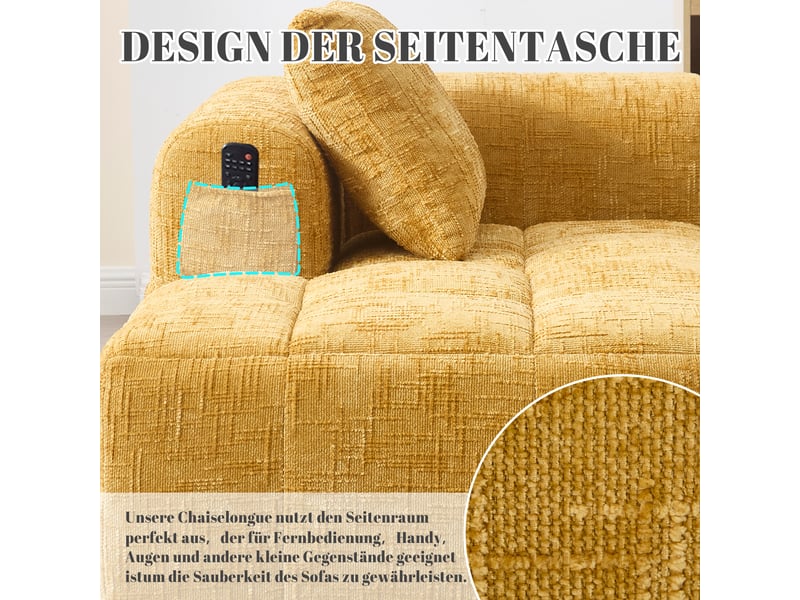  Canapé méridienne jaune en chenille avec coussin inclus et poches latérales pratiques, 158x90x60 cm  - Conforama E