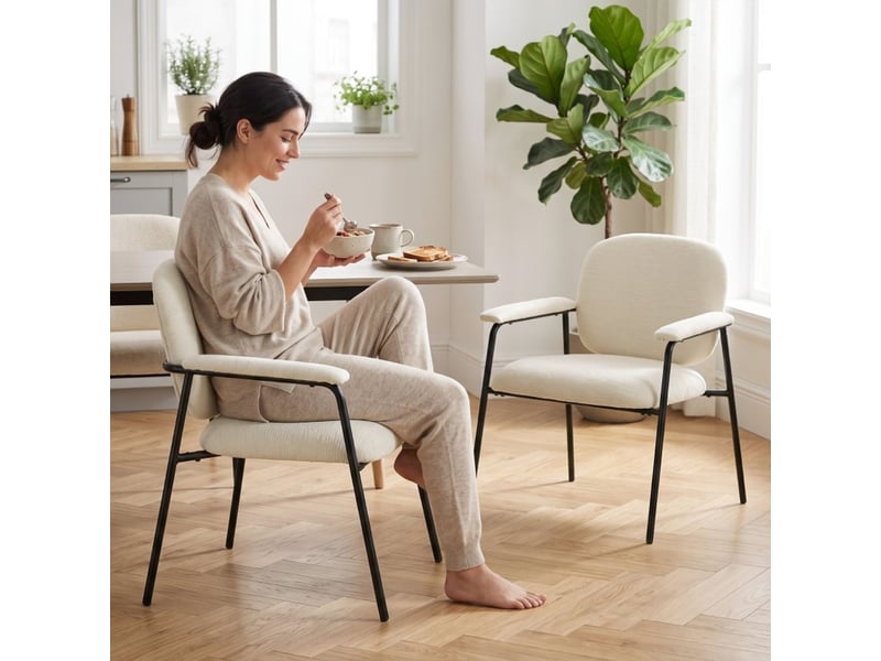  Fauteuil 2 pièces à revêtement en chenille accoudoirs rembourrés structure en métal coloris blanc crème  - Conforama B