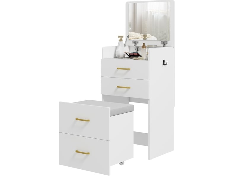  Coiffeuse 3 en 1 48x40x90 cm avec miroir et tabouret à roulettes bois blanc  - Conforama A