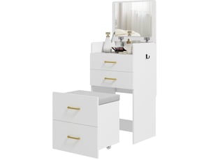 Coiffeuse 3 en 1 48x40x90 cm avec miroir et tabouret à roulettes bois blanc