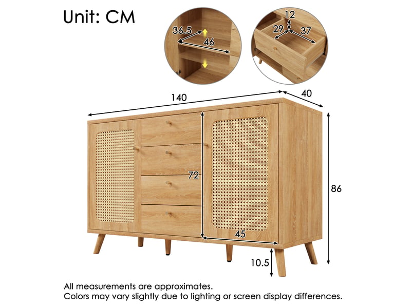 Buffet avec 2 portes, 4 tiroirs et étagères réglables pour salon en panneaux 140×40×86 cm chêne clair - Conforama E
