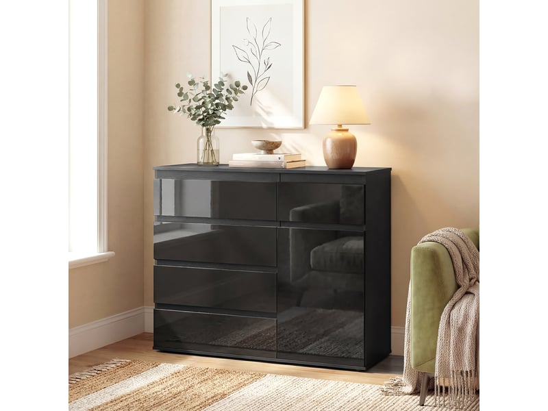 Buffet moderne, buffet de rangement avec 5 tiroirs, étagère réglable, porte à fermeture amortie, noir laqué brillant - Conforama D