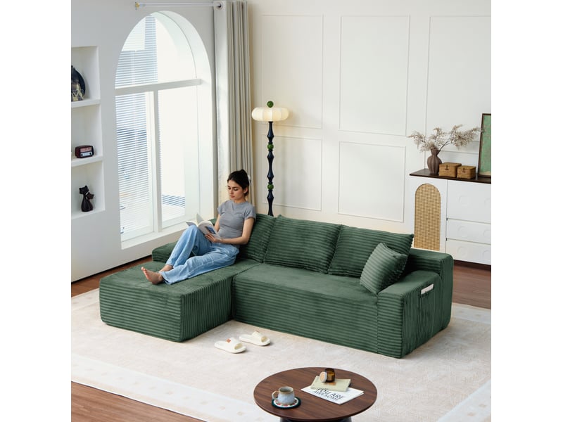  Canapé d’angle modulable gauche compressé 4 places en mousse et velours côtelé couleur vert, style moderne  - Conforama E