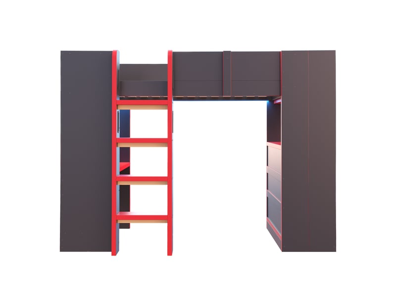 Lit mezzanine 1 place 90 × 200 cm avec bureau, étagères, prises et éclairage led, sans matelas, noir et rouge - Conforama E