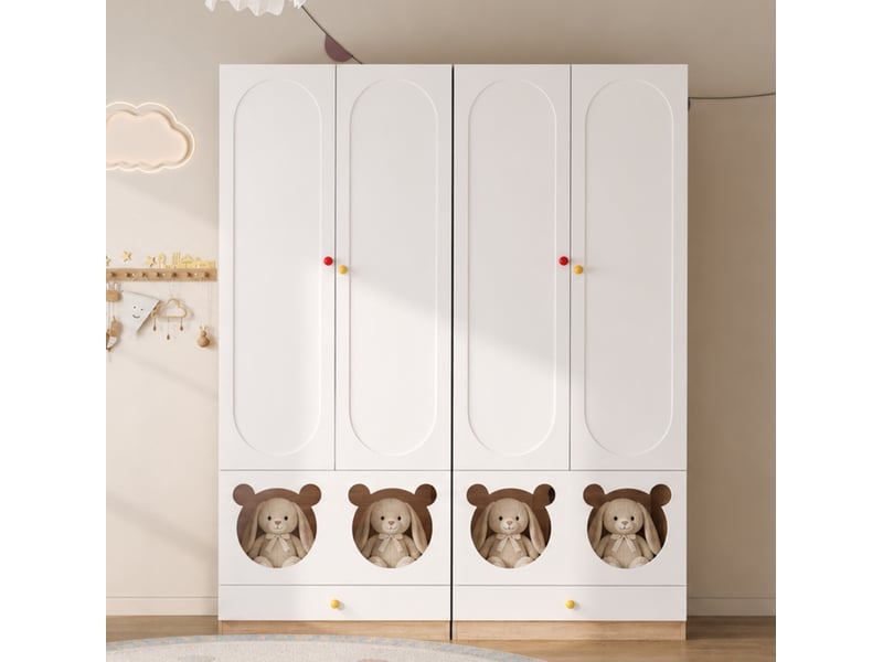  Armoire enfant 2 portes avec penderie, étagères et tiroirs, bords arrondis, en mdf blanc et naturel, 80 × 50 × 200 cm  - Conforama C
