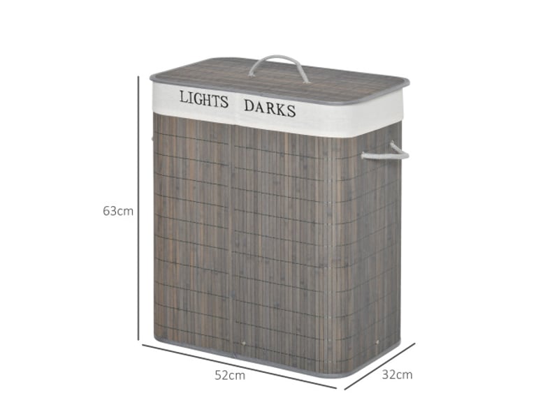 Panier à linge en bambou gris 100 l, 2 compartiments, couvercle pliable, sac amovible lavable et poignée  - Conforama D
