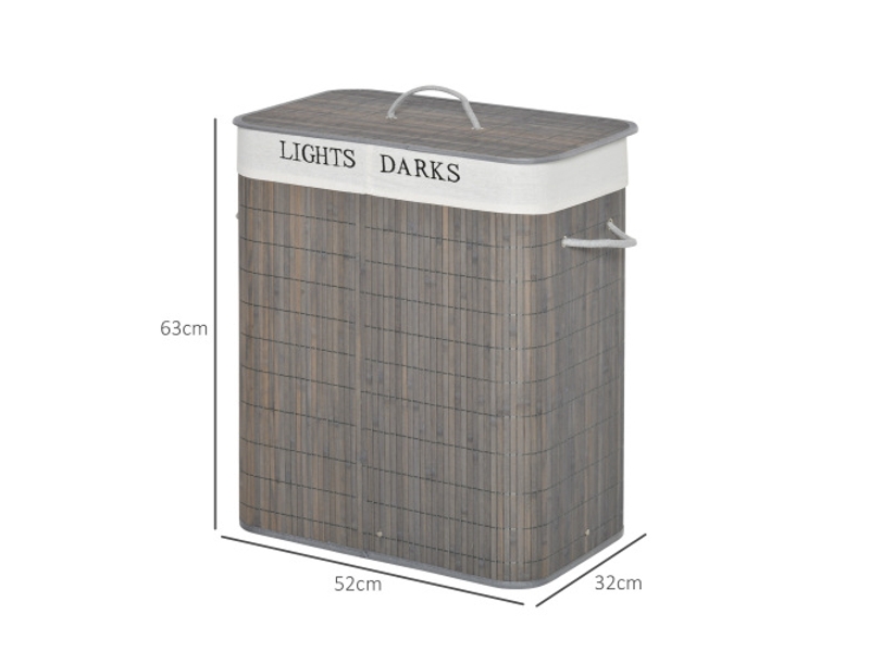  Panier à linge en bambou gris 100 l, 2 compartiments, couvercle pliable, sac amovible lavable et poignée  - Conforama D
