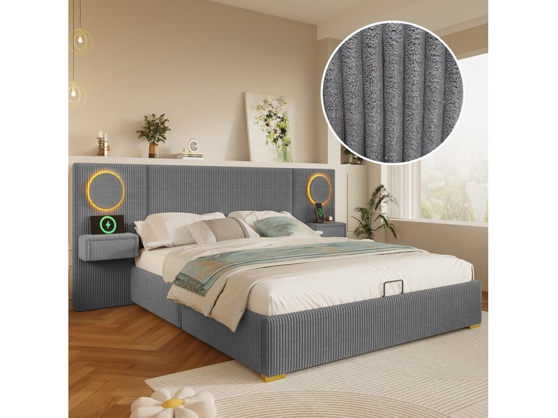  Lit double 180 × 200 cm avec coffre hydraulique, led et prises usb, en velours gris pour chambre 212,5 × 246,5 × 99,5 cm  - Conforama B