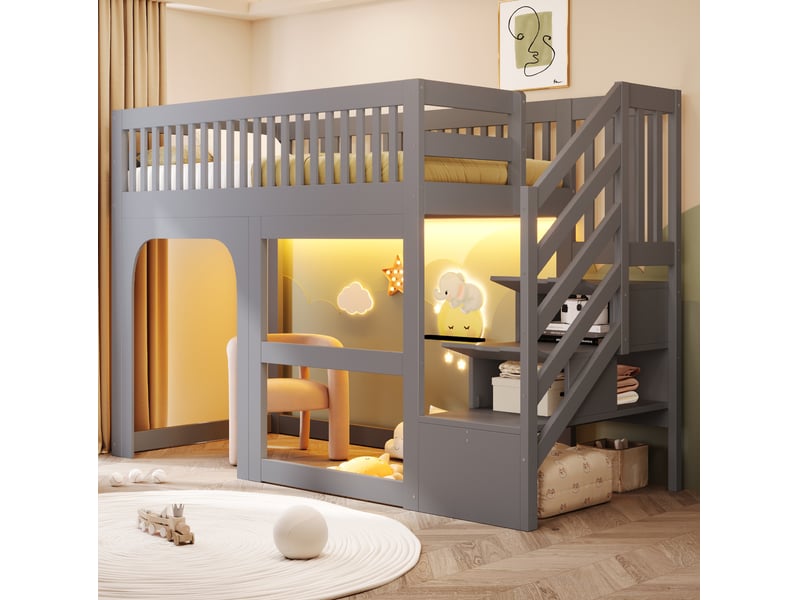  Lit mezzanine enfant tcqpz 90 x 200 cm avec escalier de rangement led gris bois  - Conforama B