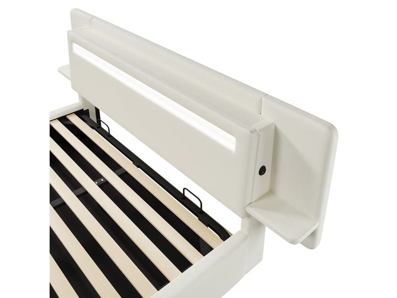 Lit coffre capitonné 180 x 200 cm - avec rangement coffre - table de chevet, port usb et led - mdf + lin - beige (sans matelas) - Conforama R
