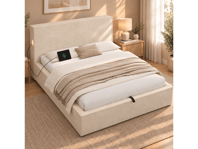 Lit avec rangement beige en chenille 120x200 cm, tissu peau douce et stabilité renforcée - Conforama D