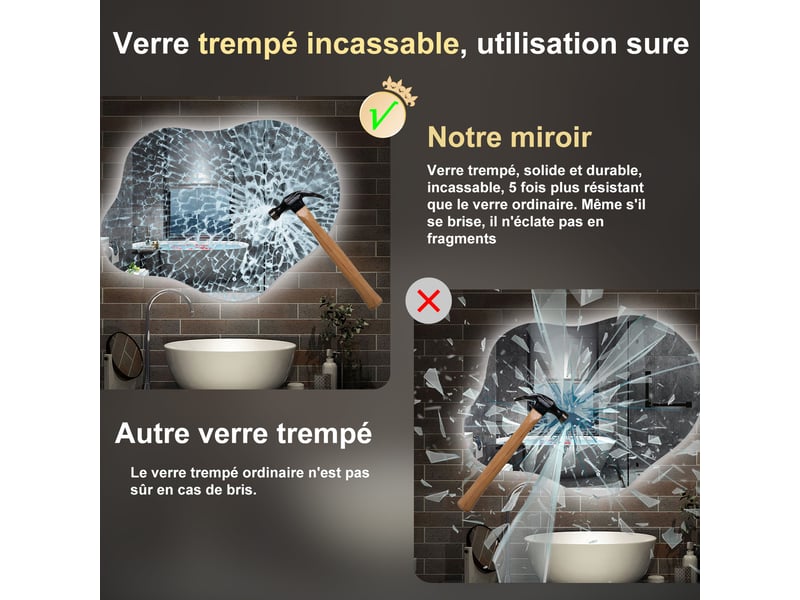  Aica miroir salle de bain led 140x80cm, en forme de nuage, anti-buée, 3 tons et gradable  - Conforama D