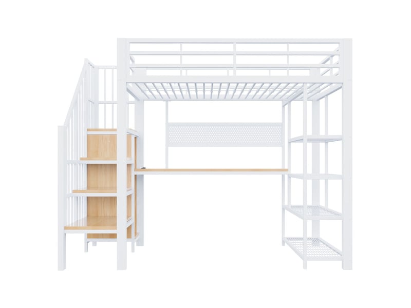  Lit mezzanine avec bureau 90 x 200 cm bureau long intégré panneau perforé long prises européennes éclairage led rangements à plusieurs niveaux garde-corps haut structure en métal blanc  - Conforama A