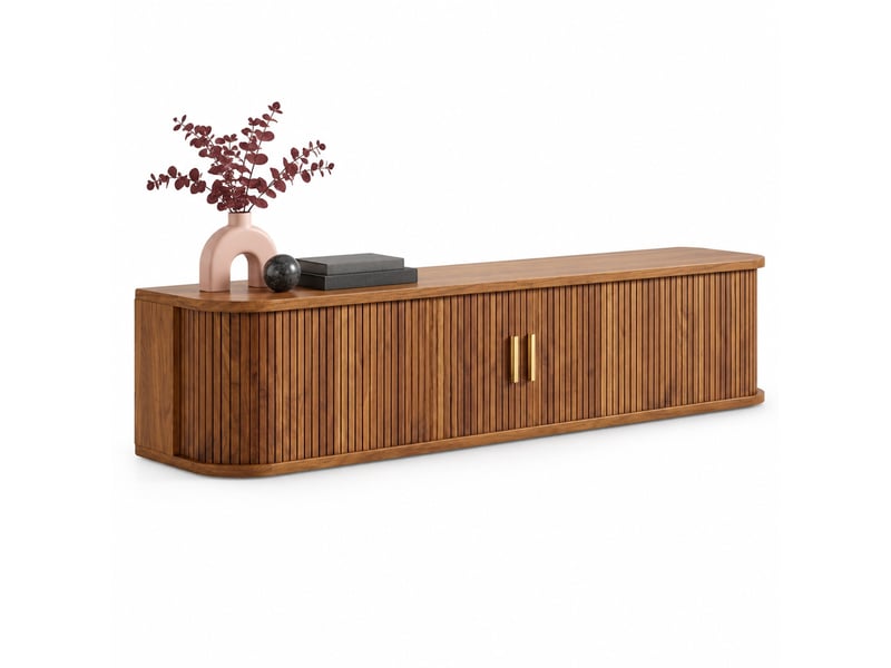  Meuble tv mural avec 2 portes coulissantes, tiroir, étagères réglables et led pour salon, mdf noyer, 175×30×30 cm  - Conforama A
