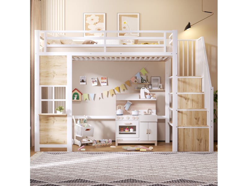  Lit mezzanine enfant 90 × 200 cm 1 place avec escalier de rangement, étagère et garde-corps, sans matelas, blanc  - Conforama C