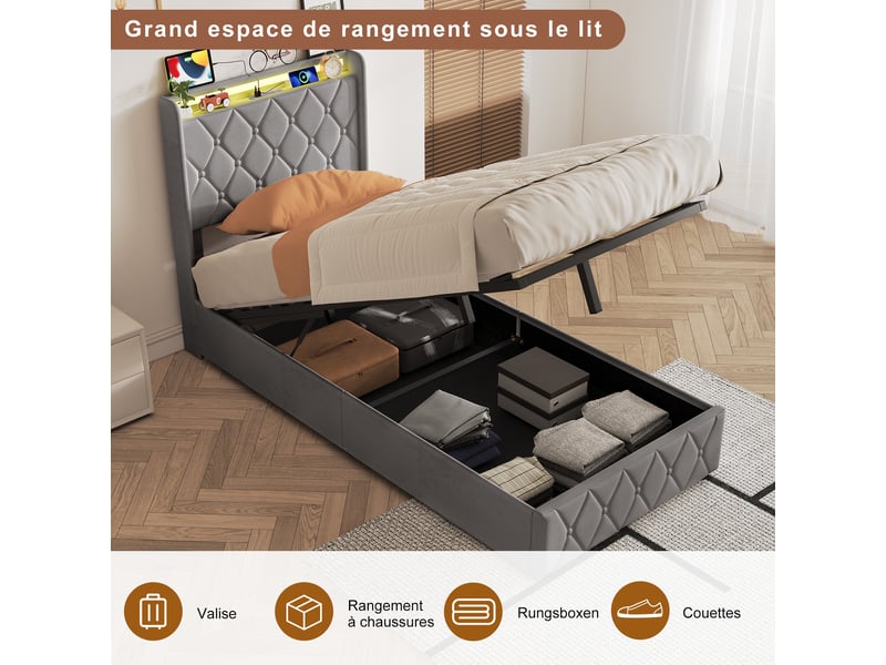  Lit simple 90x200 cm avec led,usb et type-c, lit enfant adolescent moderne, tête de lit rembourrée, velours gris  - Conforama R