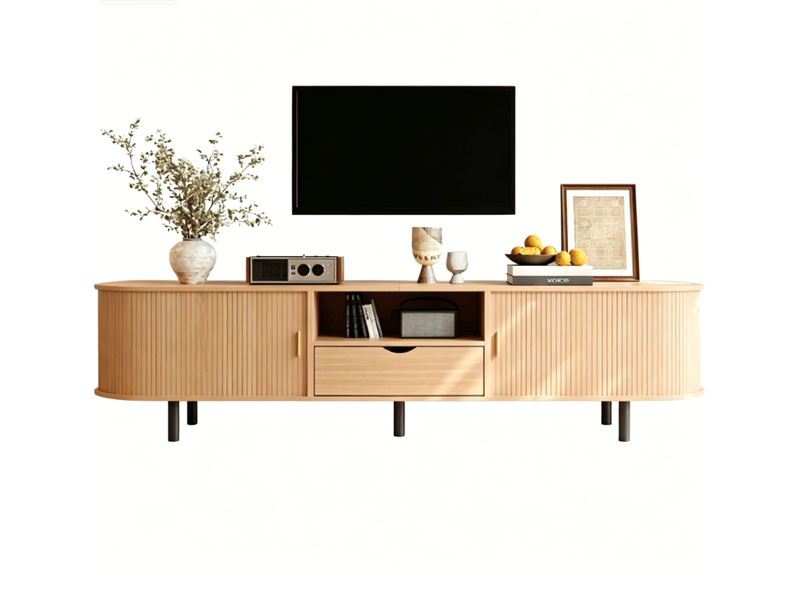  Meuble tv 175x40x55 cm - meuble bas arrondi avec porte à rideau, tiroir et niches ouvertes, charge 50 kg, mdf - bois naturel  - Conforama A