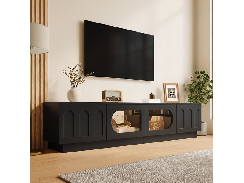 Meuble tv noir 200 cm, meuble tv avec éclairage led contrôlé par app, banc tv 4 portes avec passe-câbles pour salon, 200x40x42cm. - Conforama E