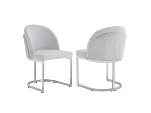 Lot de 2 chaises de salle à manger, double dossier et piètement métallique en chenille gris clair et argenté