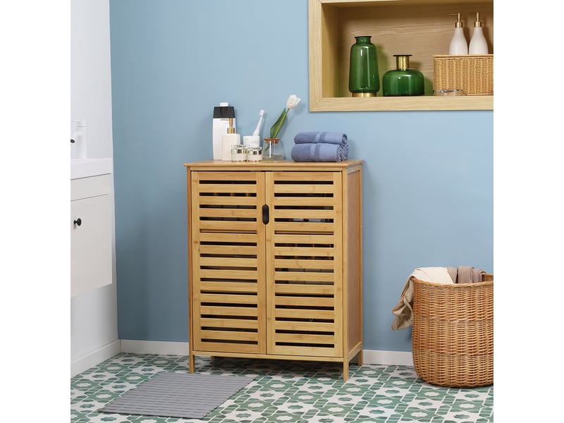  Meuble de salle de bain en bambou à lattes, idéal pour la salle de bain ou le couloir. Format compact, grand espace de rangement, bois naturel.  - Conforama D