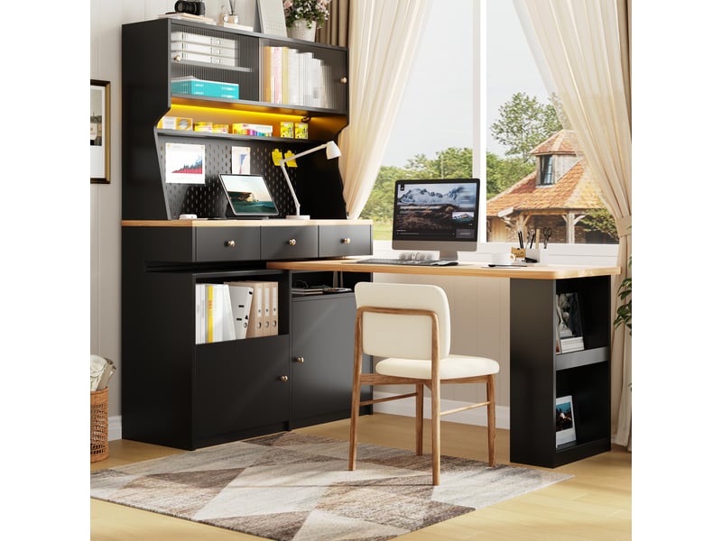 Meuble bureau multifonction 137x74x177,7 cm avec armoire haute, bureau escamotable, led connectée, portes vitrées et rangement réglable mdf noir OMNIGLINT TRADING LTD - Conforama D