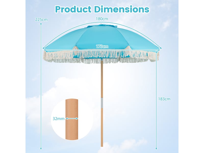  Parasol de plage rond de 170 cm avec mât en bois, parasol d'extérieur inclinable à 30°, 8 baleines et double ventilation.  - Conforama C