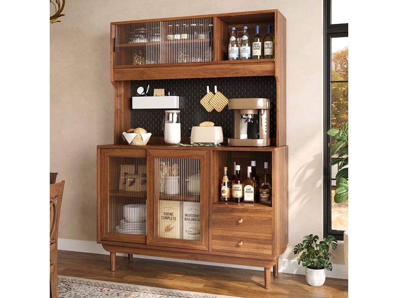  Buffet de cuisine en noyer avec panneau perforé, 4 portes coulissantes en verre strié, 170 cm  - Conforama B