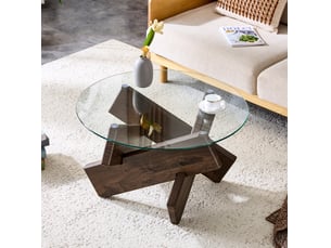 Table basse ronde 79 cm en verre et mdf, noyer transparent