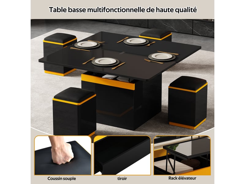 Table basse noire brillante moderne, table d'appoint réglable en hauteur, pliable, 100 x 50 x 43 cm, noir et jaune - Conforama E