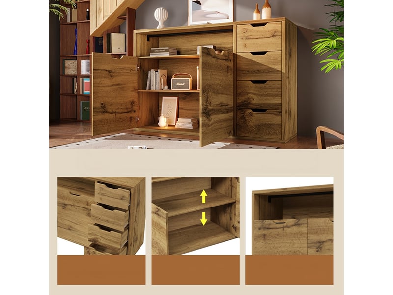  Commode à 4 tiroirs et 2 portes, 150 x 40 x 90 cm, niche ouverte et étagères réglables, effet chêne  - Conforama E