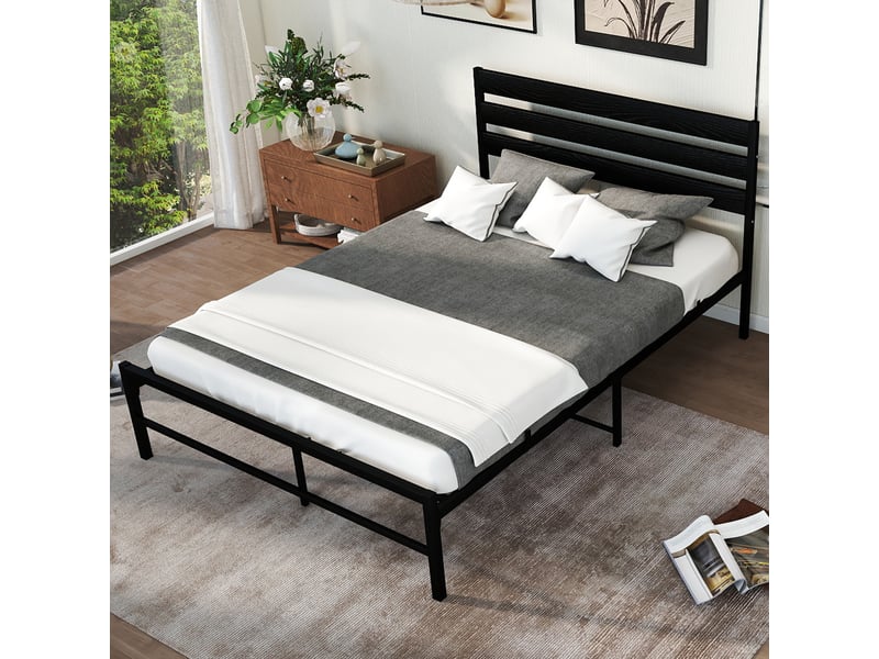  Lit 2 places 140x200 cm métal noir, tête de lit ajourée 3 panneaux, sommier à lattes inclus  - Conforama E