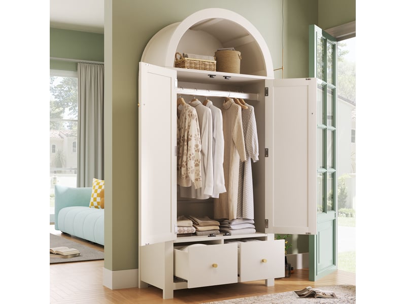 Armoire 2 portes 78 x 45 x 181 cm, 2 tiroirs, penderie et cannage en rotin blanc  - Conforama B