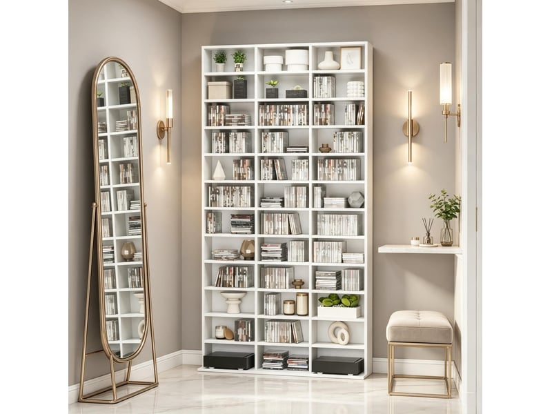  Étagère média cddvd 102 x 23,5 x 195 cm – blanc – 39 compartiments ouverts et tablettes réglables  - Conforama B