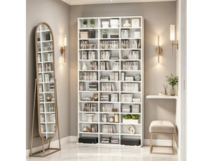 Étagère média cddvd 102 x 23,5 x 195 cm – blanc – 39 compartiments ouverts et tablettes réglables