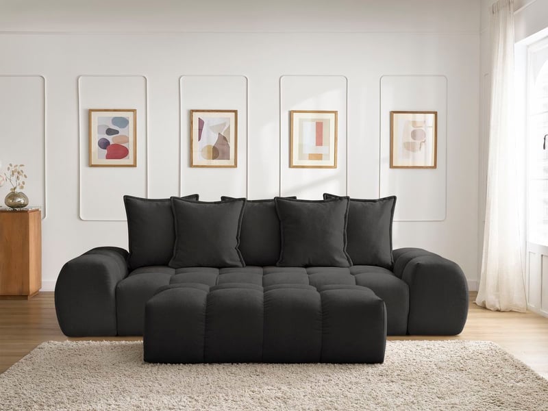  Bobochic canapé droit fixe 3 places everest tissu texturé avec pouf noir EVEREST - Conforama D