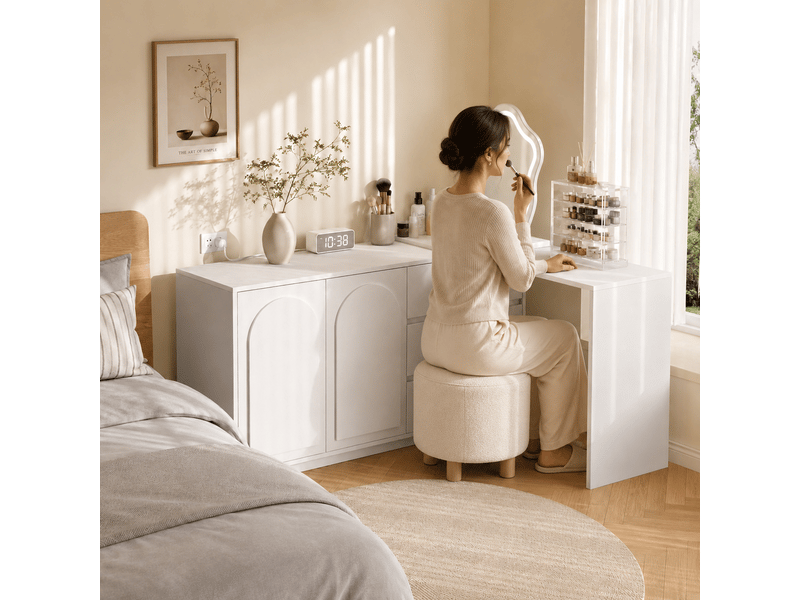  Coiffeuse blanche 140x40x75 cm avec miroir led, plateau extensible et 3 tiroirs  - Conforama E