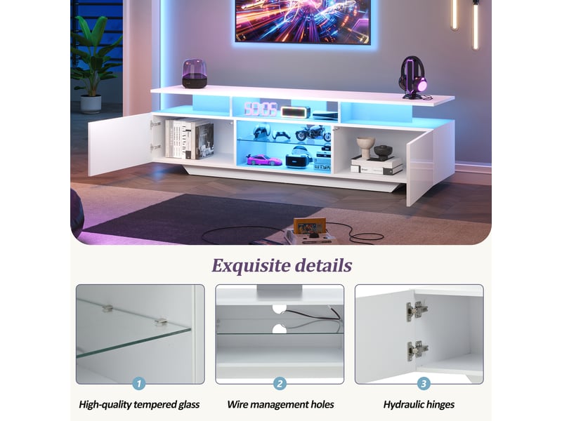  Meuble tv blanc laqué 160x40x45 cm avec led, 2 armoires et 8 étagères – design moderne, support tv jusqu’à 70 pouces  - Conforama E