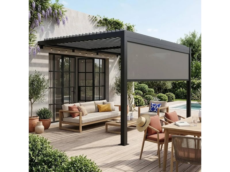 Pergola bioclimatique aluminium adossée 4x3m noir + 1 store 4m palace - Conforama B