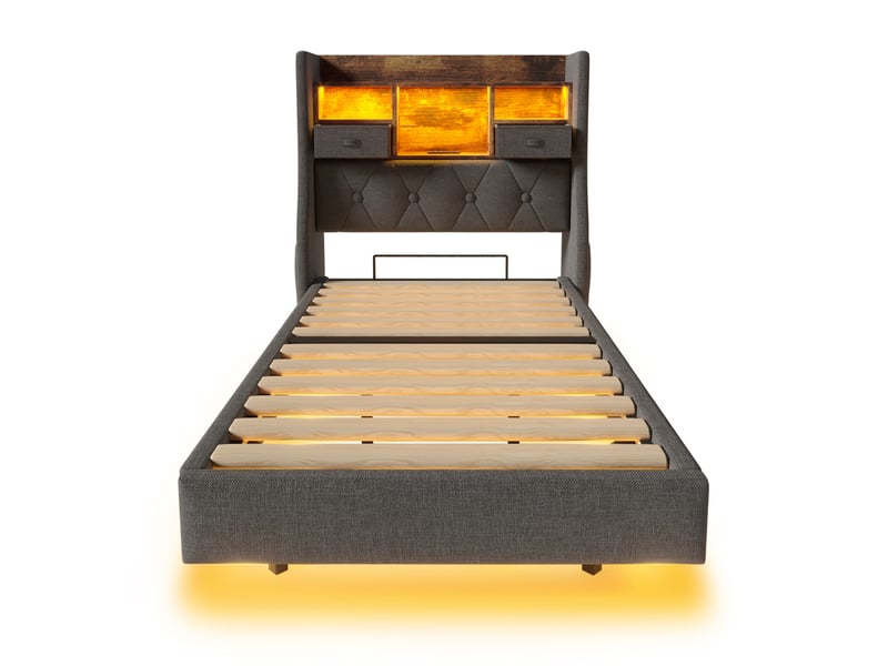Lit flottant rembourré led avec rangement et usb-c, gris, 90x200 cm Fay Lum - Conforama R