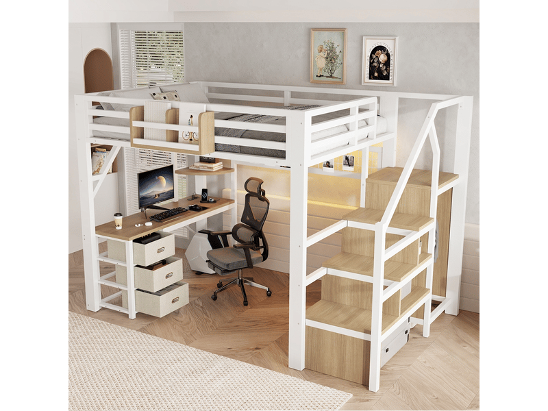 Lit mezzanine 140x200 avec bureau et armoire station de charge métal blanc - Conforama D